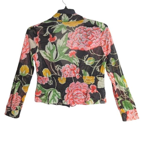 Vintage 70s Sheer Floral Womens Peplum top Blouse Black Orange Pink Yellow L/XL - Picture 2 of 7